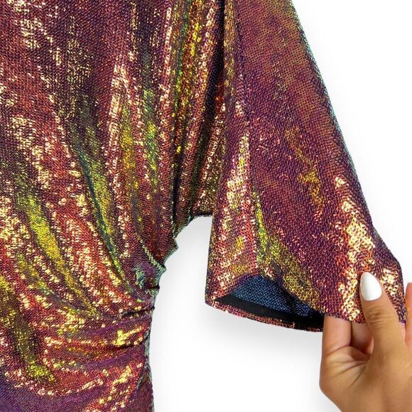 LAPOINTE Sequin Ruched Column Midi Dress Half Sleeves Gold Orange Women's Size 6 - Picture 6 of 8